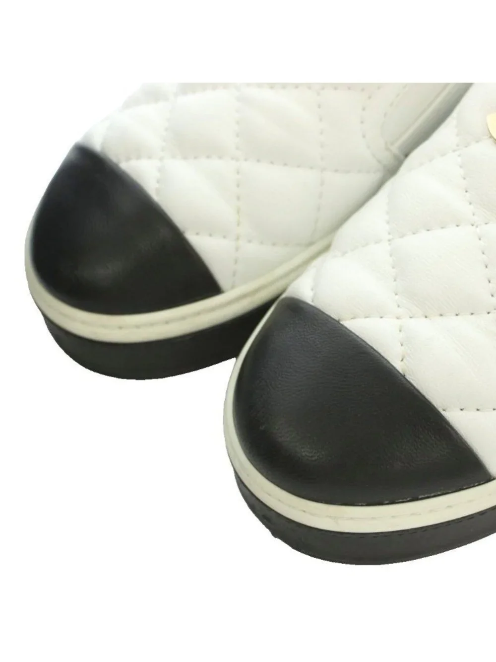 Chanel CC Logo Quilted Leather Slip on Shoes Thick Sole Switch Bicolor White 36